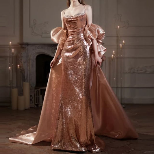 Strap Spaghetti Ruched Sequin Gown Evening Mermaid