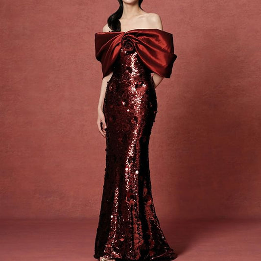 Gown Bow Evening Off-Shoulder Sequin Trumpet