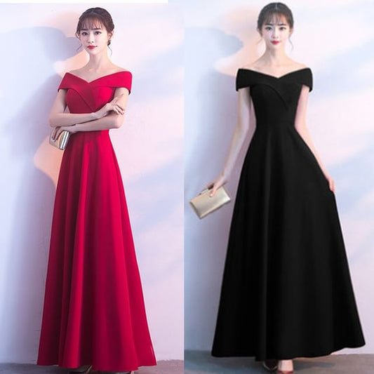 A-Line Sleeve Plain Gown V-Neck Shoulder Off Short Evening