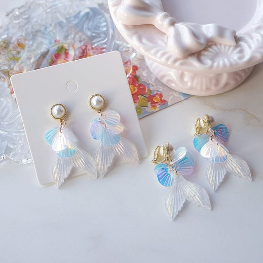 / Tail Clip-On Drop Faux Pearl Mermaid Earring