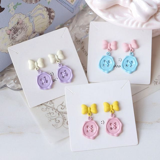 Clip-On Button Bow Earring Drop /