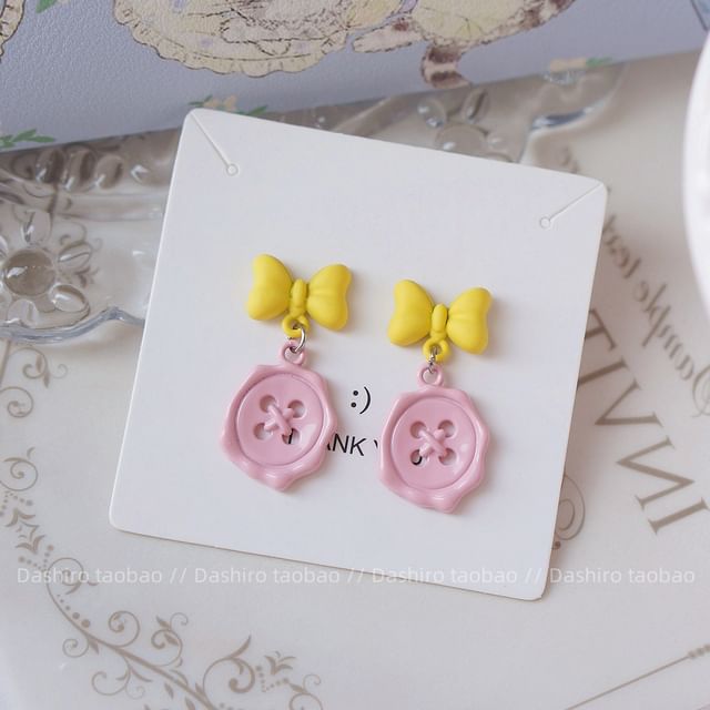 Clip-On Button Bow Earring Drop /