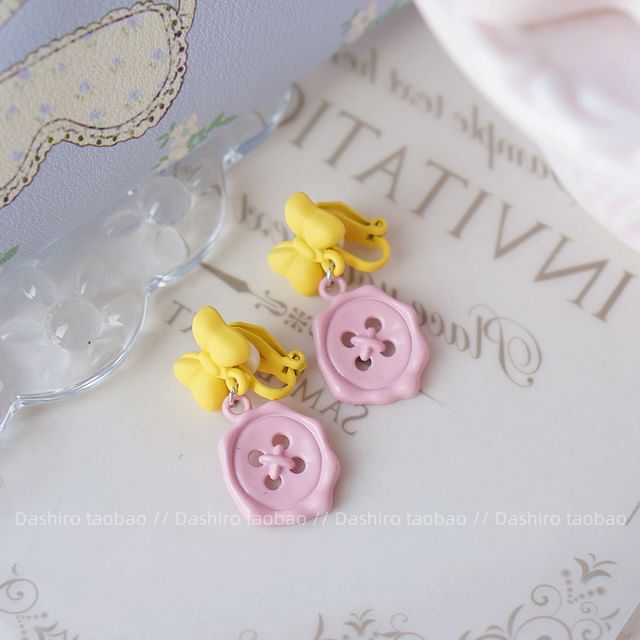 Clip-On Button Bow Earring Drop /