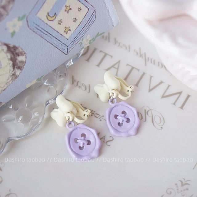 Clip-On Button Bow Earring Drop /