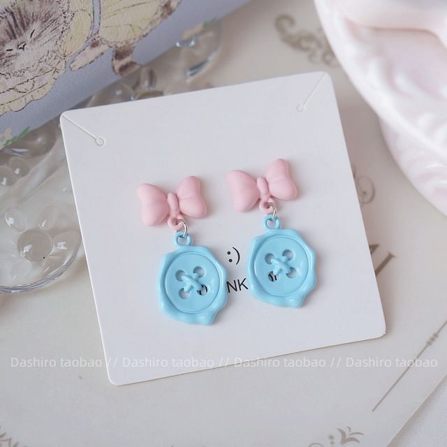 Clip-On Button Bow Earring Drop /