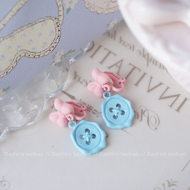 Clip-On Button Bow Earring Drop /