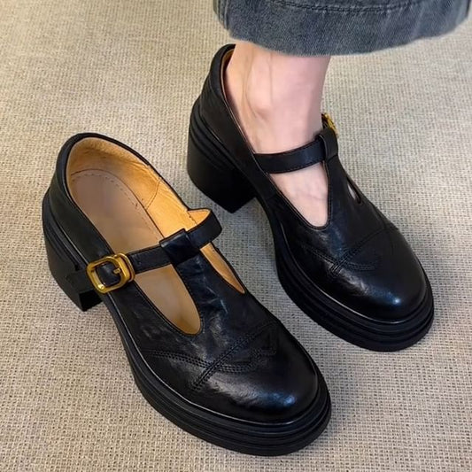 T-Strap Faux Platform Leather Mary Plain Shoes Jane