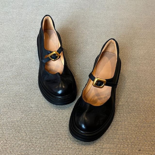 Plain Leather Chunky Mary Heel Buckled Shoes Faux Jane