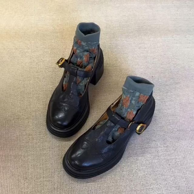 T-Strap Faux Platform Leather Mary Plain Shoes Jane