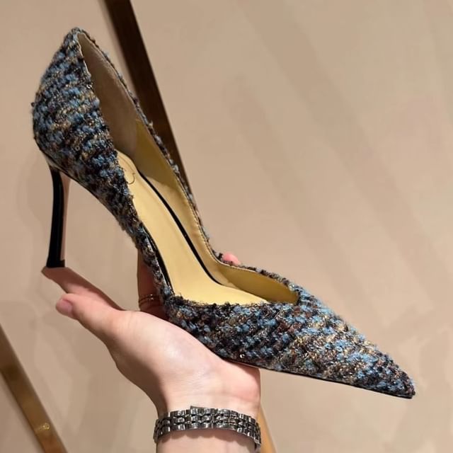 Pumps Stiletto Sequin Pointed Tweed Toe