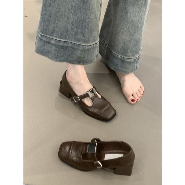 T-Strap Jane Square Mary Leather Chunky Plain Heel Toe Pumps Faux