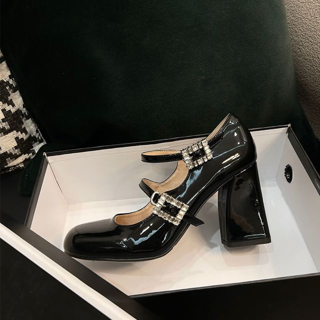 Heel Chunky Jane Pumps Patent Buckled Rhinestone Mary Leather