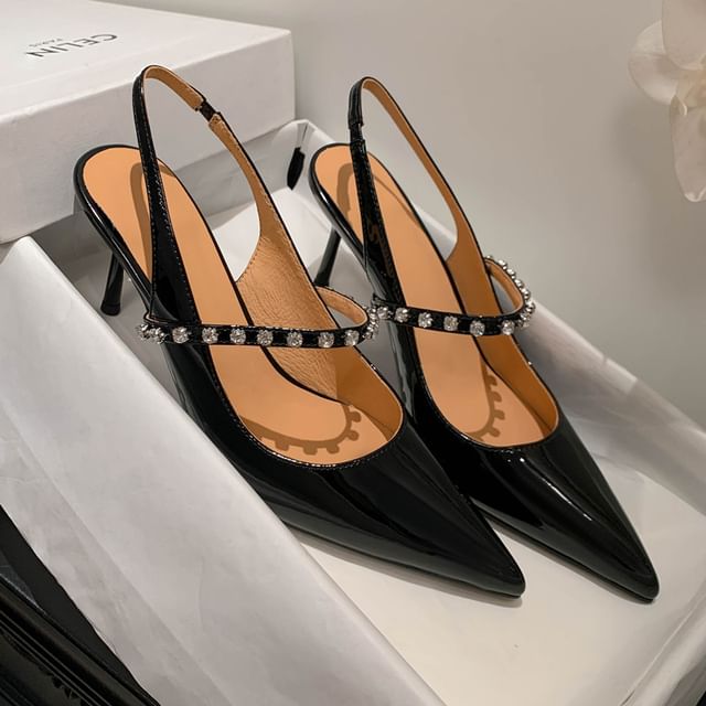 Rhinestone Stiletto Slingback Pointed Sandals Leather Toe Accent Patent