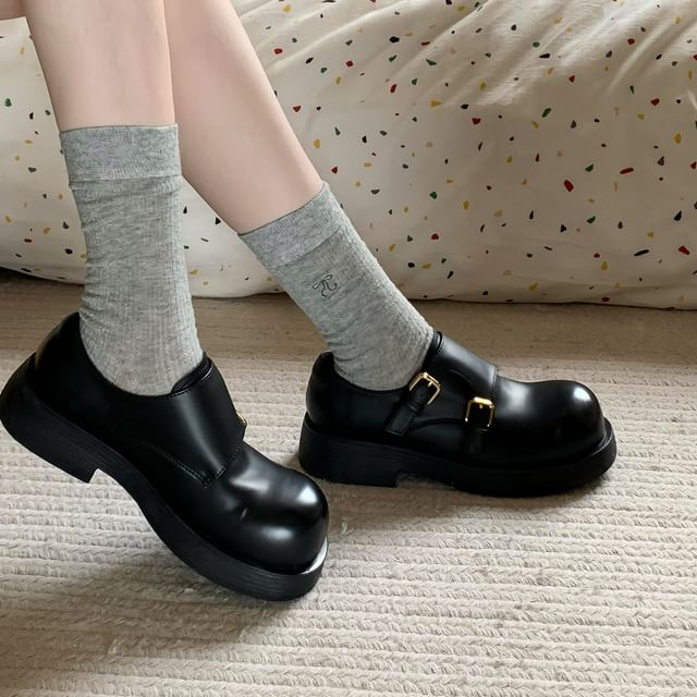 Shoes Plain Faux Monk Leather Platform Strap