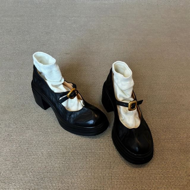 Plain Leather Chunky Mary Heel Buckled Shoes Faux Jane