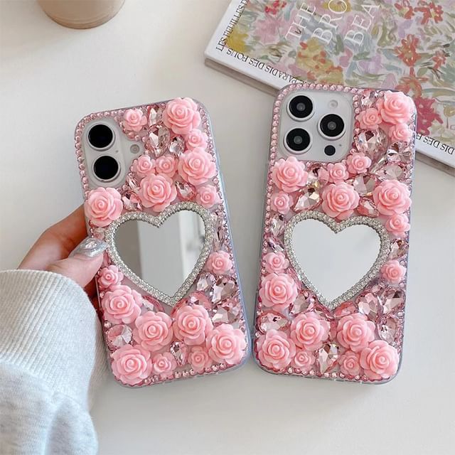 Phone Case Mirrored Rose Rhinestone