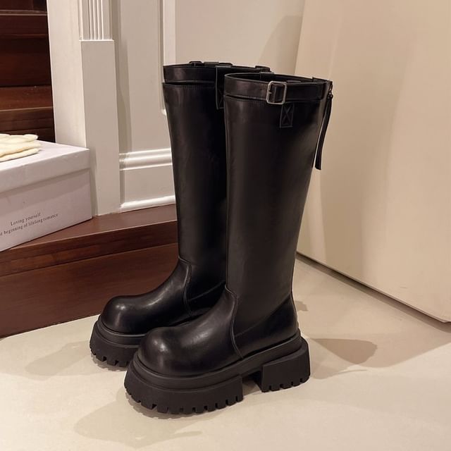 Boots Buckled Plain Platform Tall