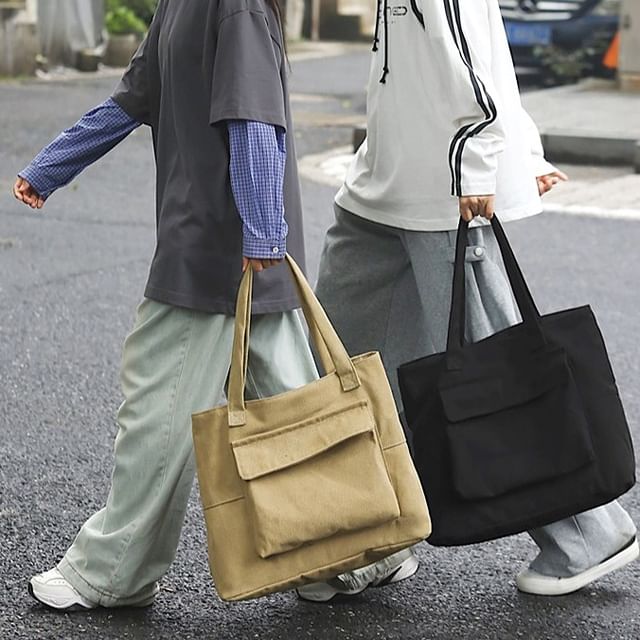 Plain Flap Canvas Pocket Bag Tote