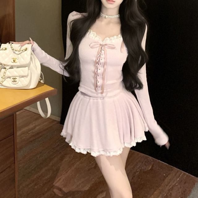 Rise Hooded Skirt Mini Trim Plain / Neck Lace Long-Sleeve Scoop Mid A-Line Top