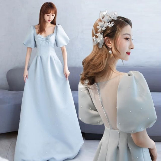 A-Line Plain Puff-Sleeve Evening Faux Gown Pearl