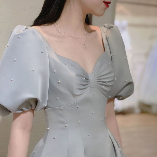 A-Line Plain Puff-Sleeve Evening Faux Gown Pearl