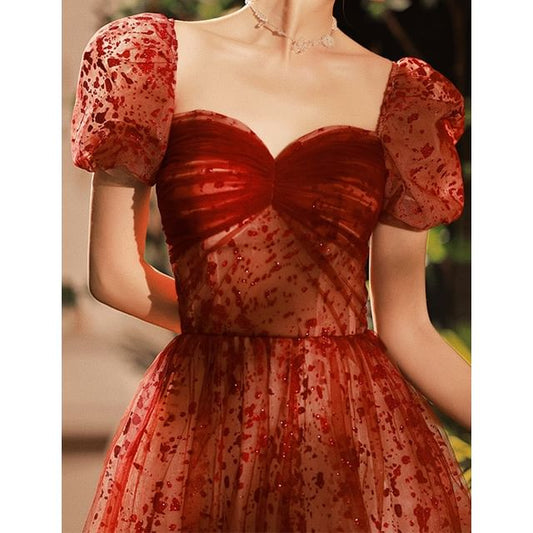 Gown A-Line Patterned Evening Puff-Sleeve Sequin