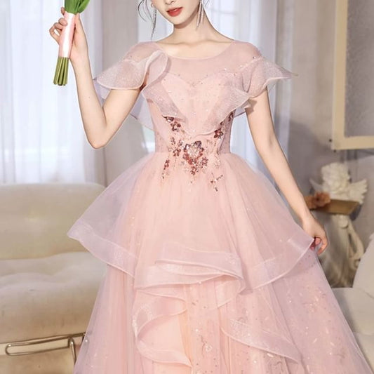 A-Line Evening Ruffle Floral Sequin Gown Short-Sleeve