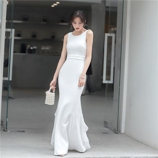 Gown Ruffle Plain Sleeveless Open Back Mermaid Wedding