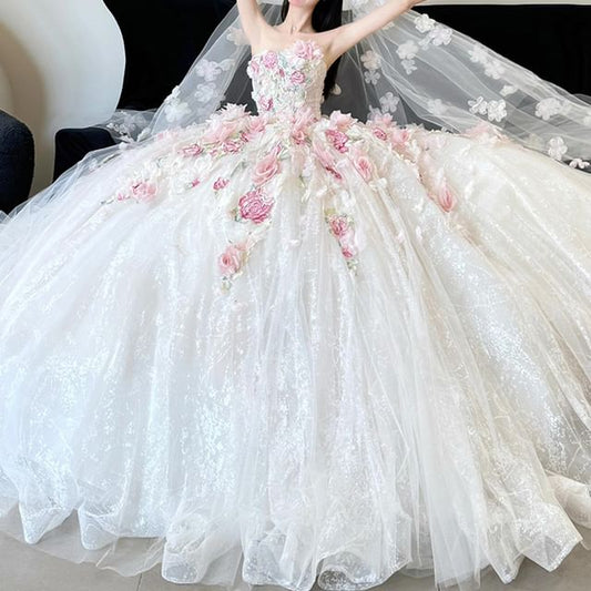 Strapless Floral Detail Sheer Wedding Ball Gown