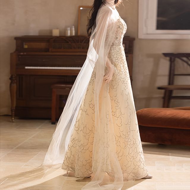 Gown Evening Floral / Panel Sheer Spaghetti A-Line Strap Cape V-Neck