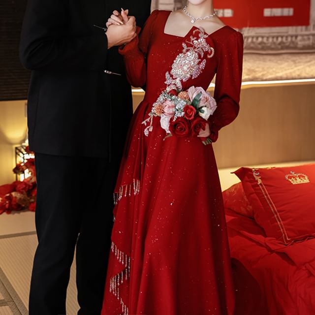 Long Sleeve Square Neck Embroidered A-Line Wedding Evening Gown