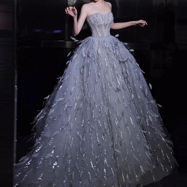 Gown Feather Strapless A-Line Sequin Evening