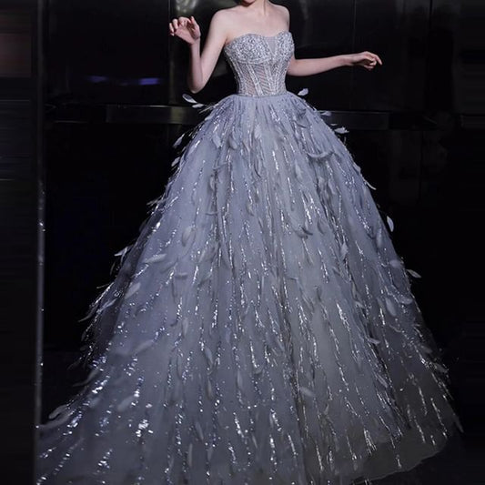 Gown Feather Strapless A-Line Sequin Evening