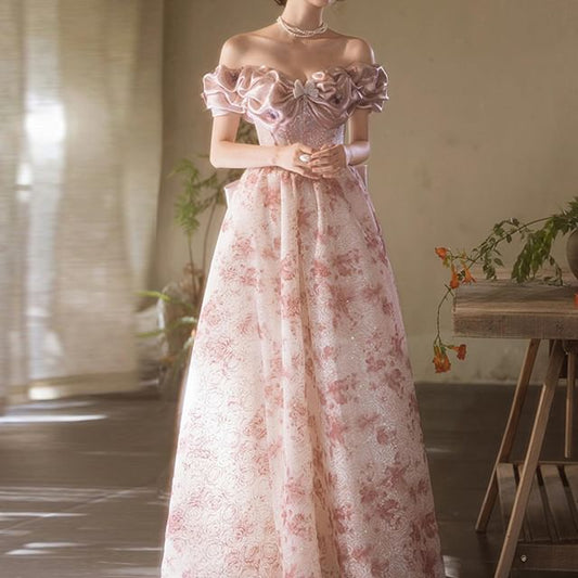 Shoulder Gown Off Trim Ruffle A-Line Print Evening Floral