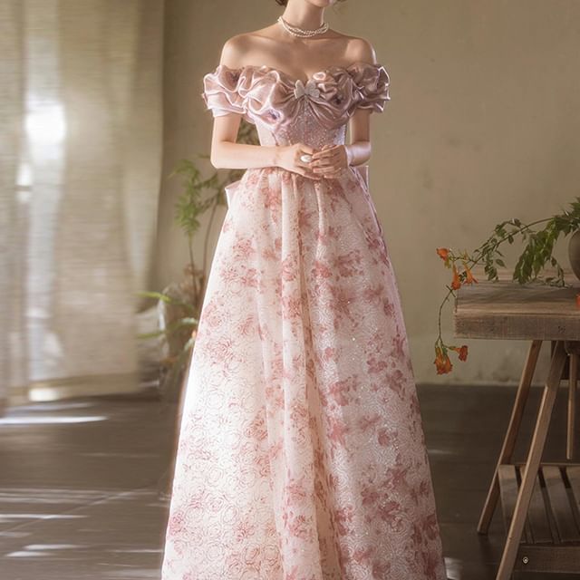 Off Shoulder Ruffle Trim Floral Print A-Line Evening Gown