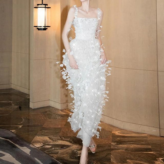 Sequin Square Spaghetti Strap Evening Feather Neck Sheath Gown