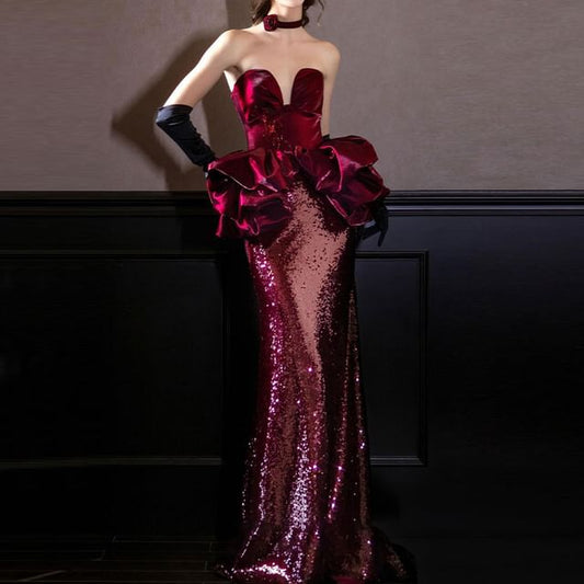 Strapless Notch Neck Velvet Ruffle Sequined Mermaid Evening Dress