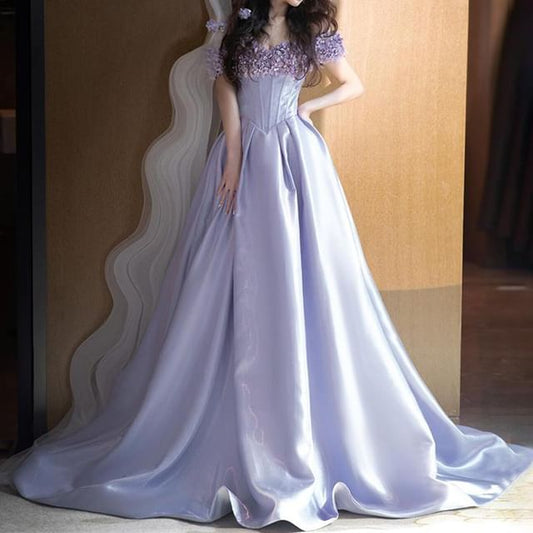 Applique Off Ball Shoulder Gown A-Line Floral