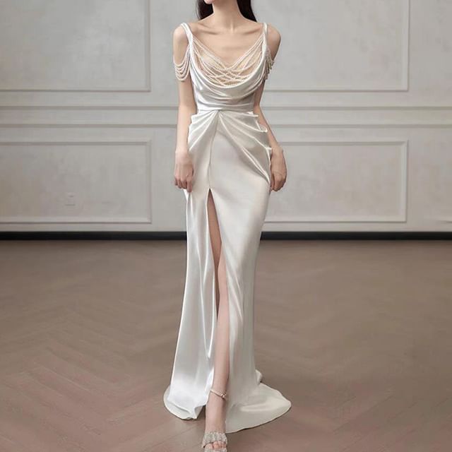 Sleeveless Ruched Scoop Neck Slit Evening Plain Gown Sheath