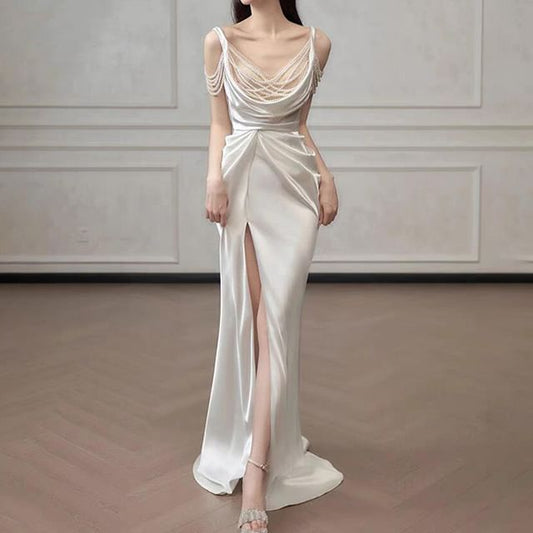 Sleeveless Scoop Neck Plain Ruched Slit Sheath Evening Gown