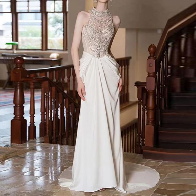 High Faux Pearl Sleeveless Sheath Gown Evening Neck