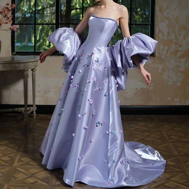 Strapless Evening Applique A-Line + Gown Sleeves Set: Floral Arm