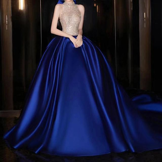 Halter Neck Sleeveless Sequined Two Tone Evening Ball Gown