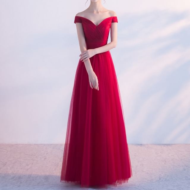 Gown Panel Mesh Evening Plain A-Line Off-Shoulder