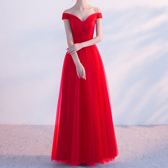 Gown Panel Mesh Evening Plain A-Line Off-Shoulder