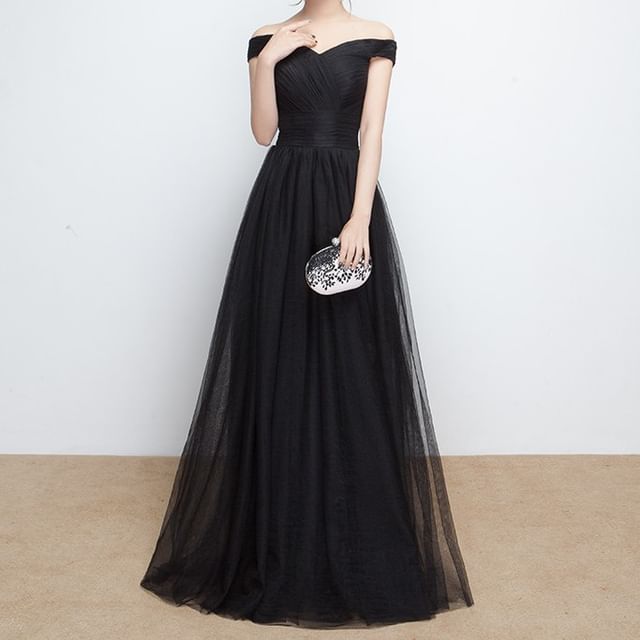 Gown Panel Mesh Evening Plain A-Line Off-Shoulder