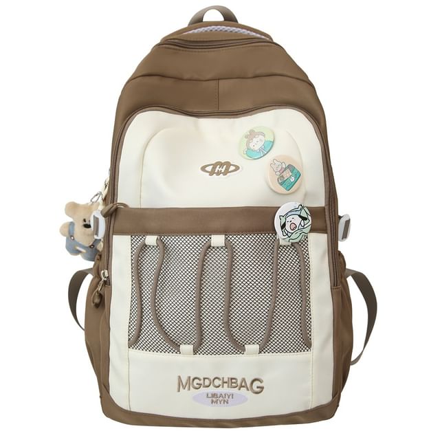 Embroidered Backpack Panel / Lettering Drawstring Set Brooch Nylon Mesh