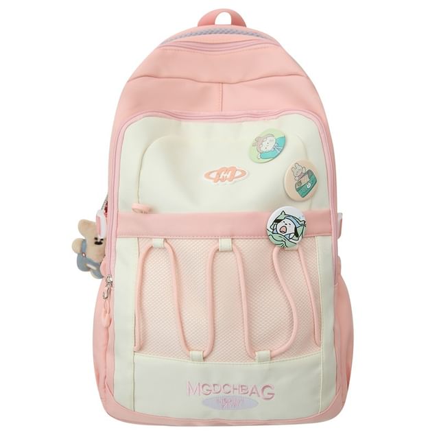 Embroidered Backpack Panel / Lettering Drawstring Set Brooch Nylon Mesh