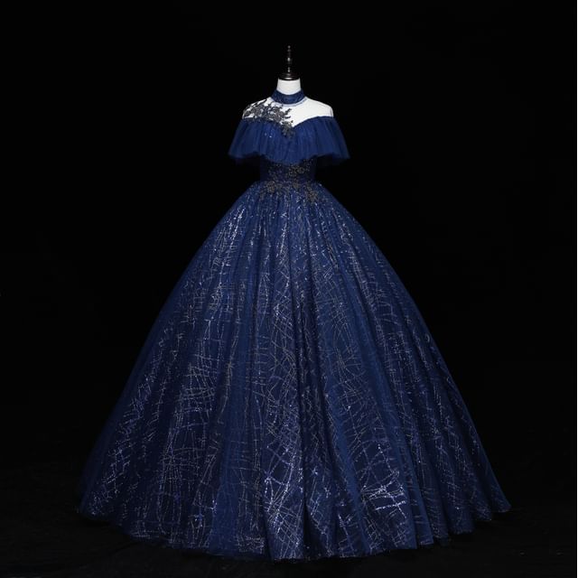 Cap-Sleeve Ball Sequin Neck Mock Gown