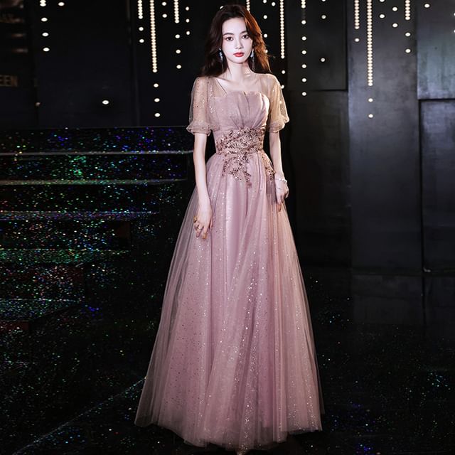 Short-Sleeve Gown A-Line Designs) Tulle Evening (Various Sequin